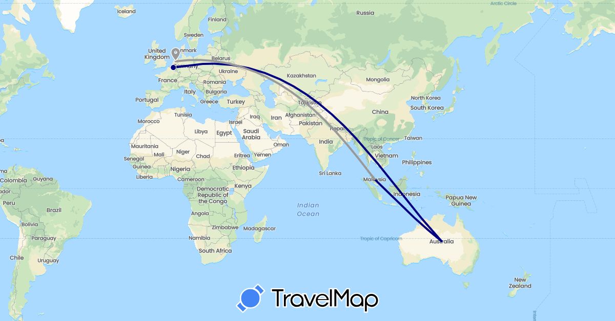 TravelMap itinerary: driving, plane in Australia, Belgium, Germany, Malaysia, Netherlands (Asia, Europe, Oceania)